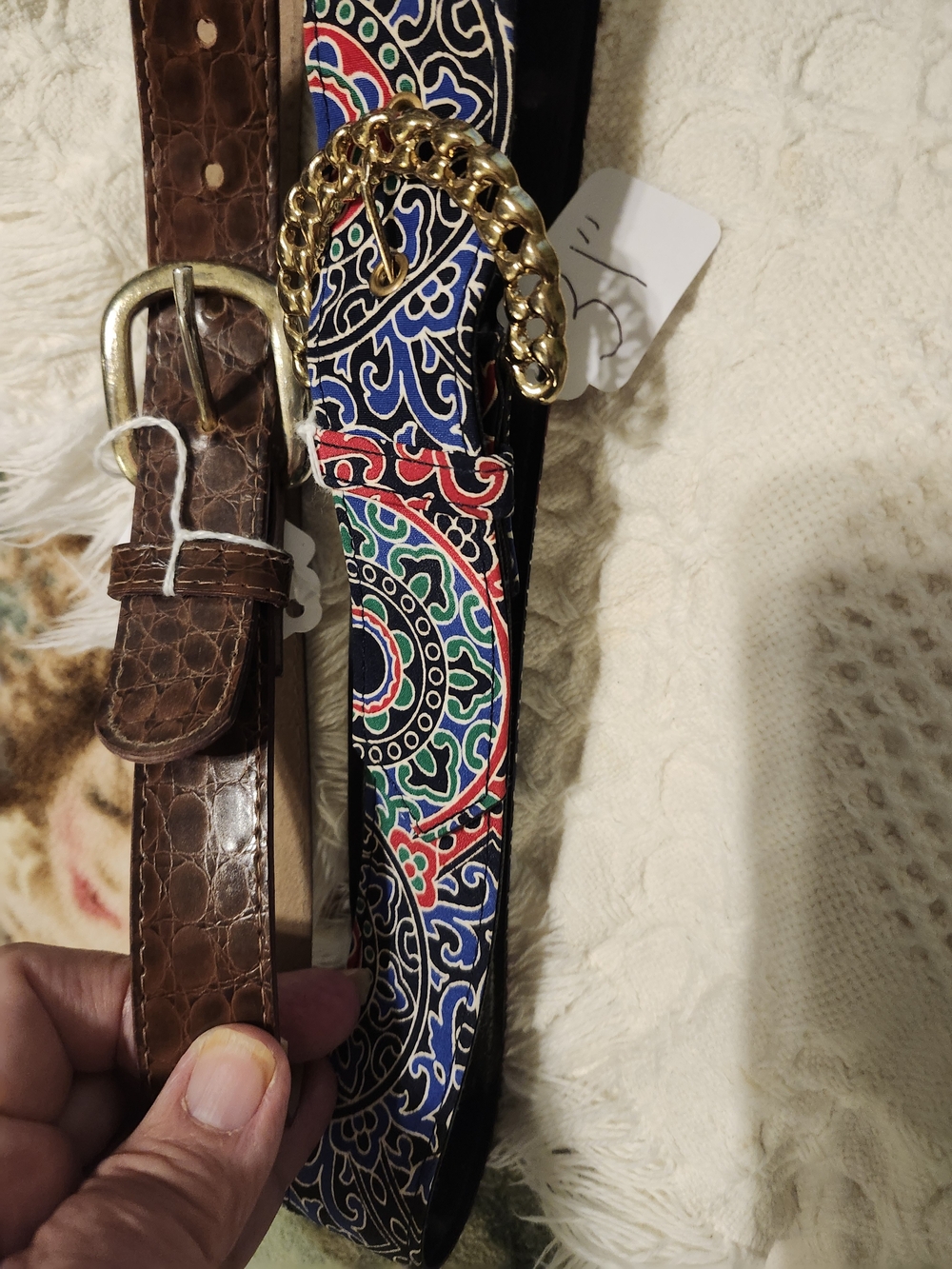 Colorful Embroidered Pattern Belt with Gold Chain Accent And Faux Leather